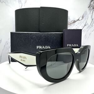 New PRADA Sunglasses Black White Talc Gold Symbole Oval Cat Eye Womens